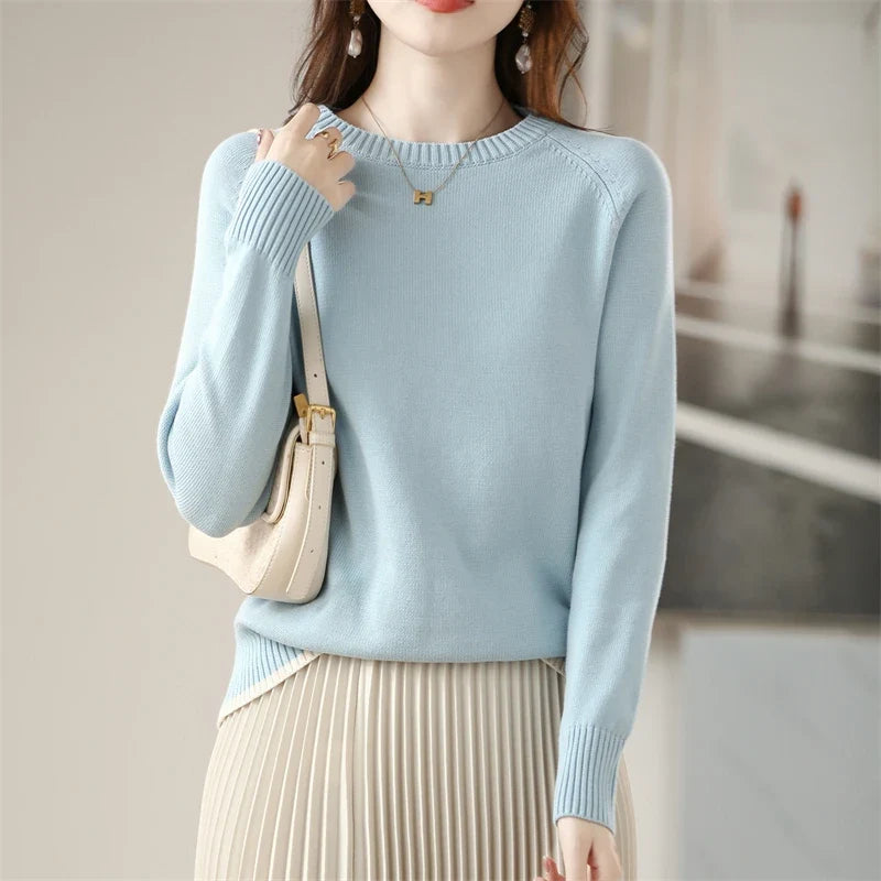 Damen Pullover Rundhals Langarm Strickpullover Einfarbig