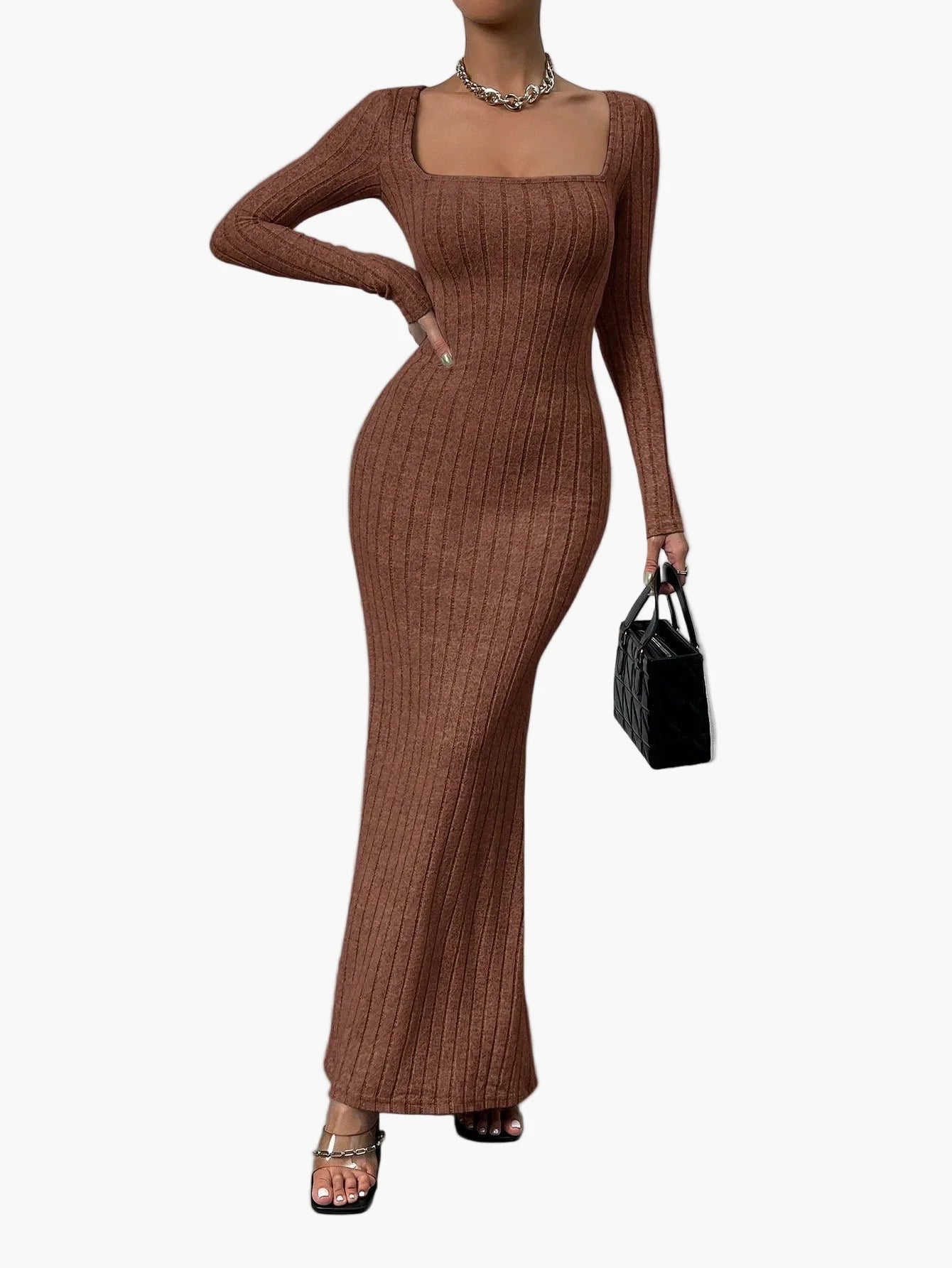 Damen Strick Maxikleid mit Quadrat-Ausschnitt – Elegantes Bodycon Abendkleid