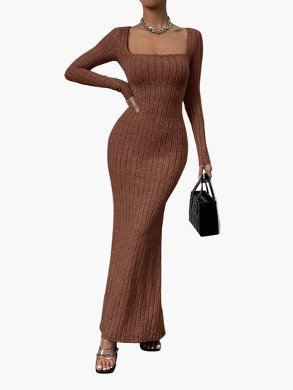 Damen Strick Maxikleid mit Quadrat-Ausschnitt – Elegantes Bodycon Abendkleid