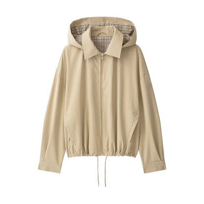 Damen Hoodiejacke Beige mit kariertem Futter