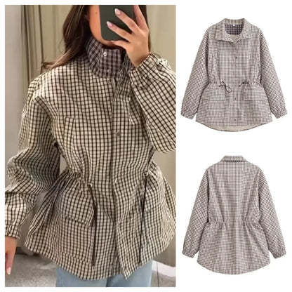 Damen Jacke kariert Tunnelzug beige