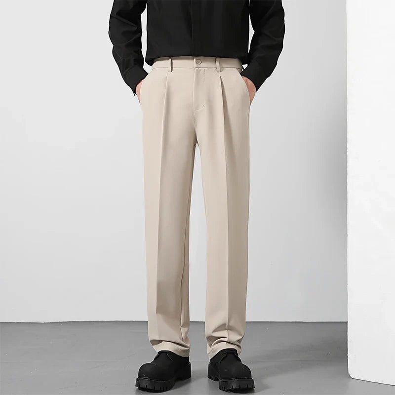 Herren Freizeithose Weites Bein Bundfalten Beige Braun