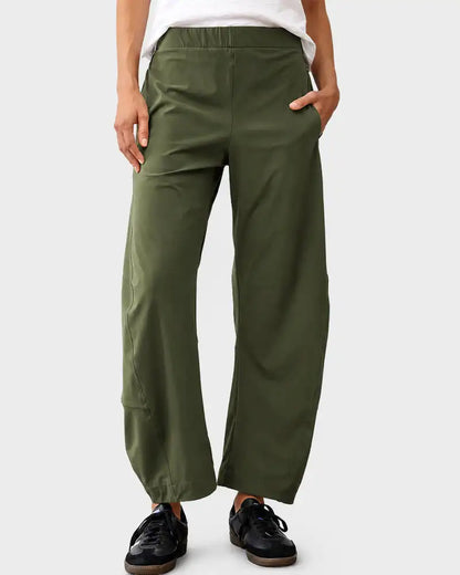Damen Freizeithose Weites Bein Elastischer Bund Bequeme Stoffhose