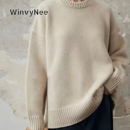 Damen Oversize Strickpullover Rundhals Langarm Rippbündchen