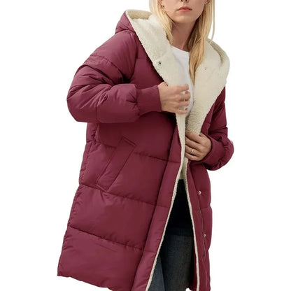 Damen Langer Steppmantel mit Kapuze Gefüttert Winter Jacke