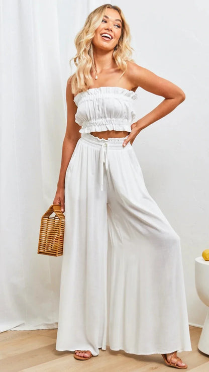 Damen Weite Hose mit Hohem Bund und Kordelzug, Lockere Palazzo-Hose