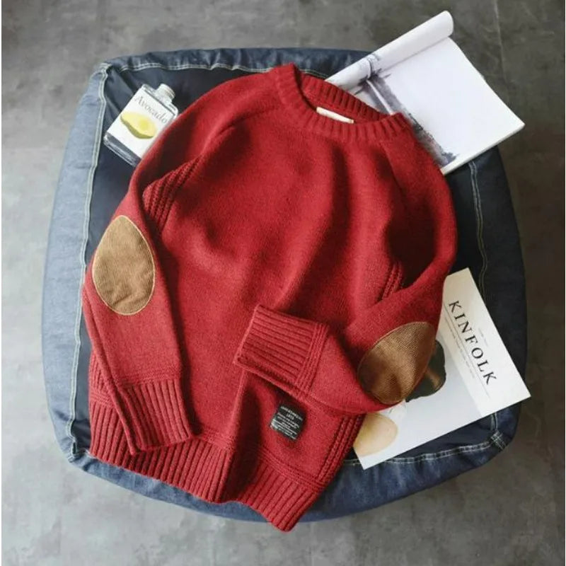 Herren Pullover Rundhals mit Ellbogen-Patches Rippbündchen Strickmuster