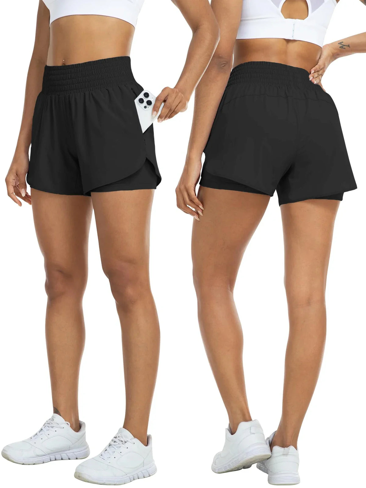 Damen Sportshorts mit hohem Bund und Tasche, 2-in-1-Design