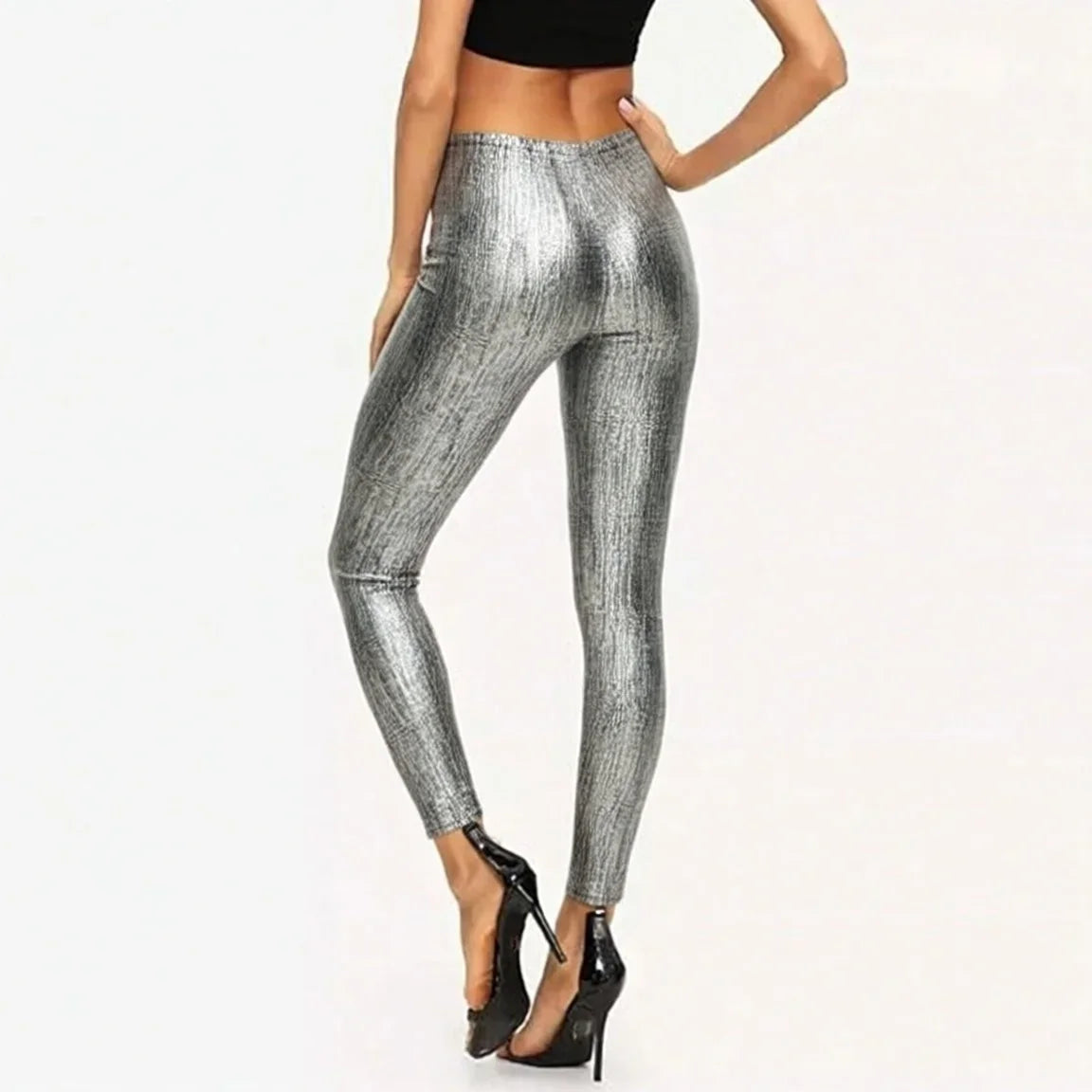 Damen Leggings Silber Glänzend Hochtailliert Skinny-Fit Hose