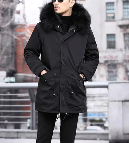 Herren Winterparka Schwarz mit Kapuze und luxuriösem Futter im Pelz-Look