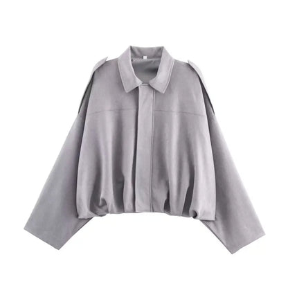 Damen Kurzjacke Oversize Cropped mit Kragen Braun