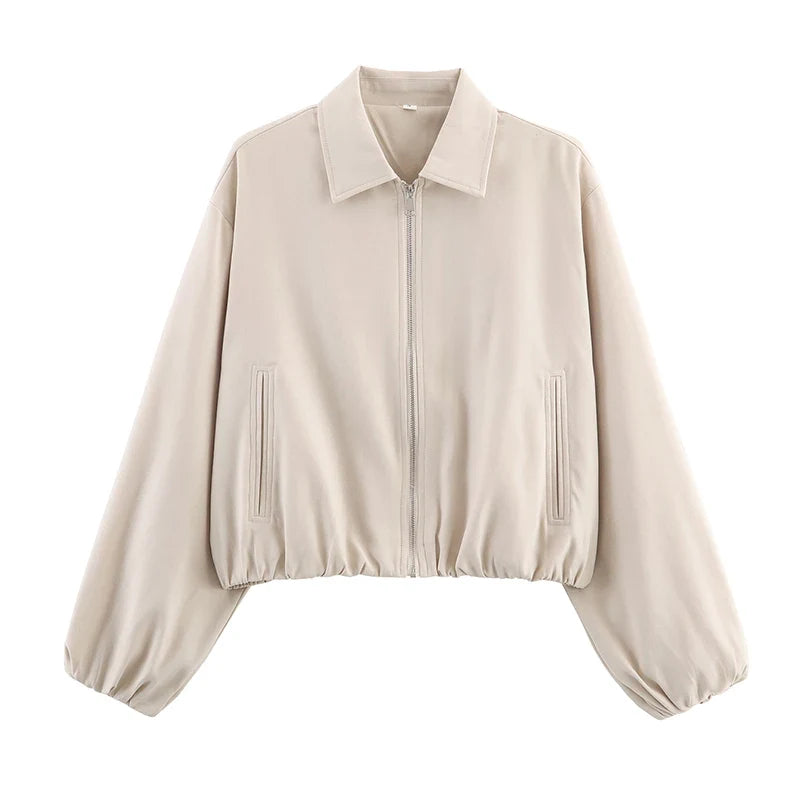 Damen Cropped Jacke Reißverschluss Stehkragen Langarm