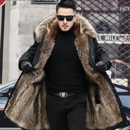 Herren Winterparka Schwarz mit Plüschfutter und Pelzbesatz Kapuze
