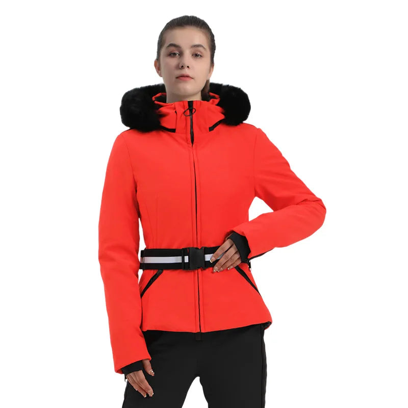 Damen Skijacke mit Kunstfellkapuze & Gürtel, Schwarz-Beige Hahnentritt