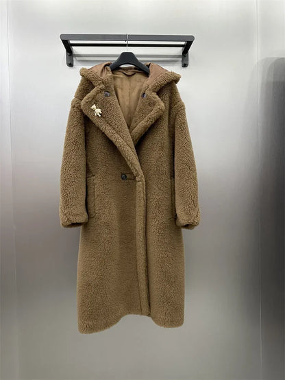 Damen Teddyfell Mantel lang mit Kapuze und Handschuhen