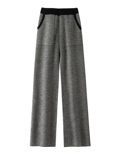 Damen Strickhose weit geschnitten mit Fischgrätmuster und seitlichen Taschen