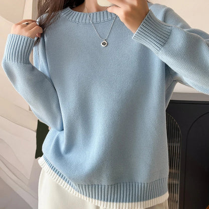 Damen Pullover Rundhalsausschnitt Langarm Strickpullover Rippbündchen