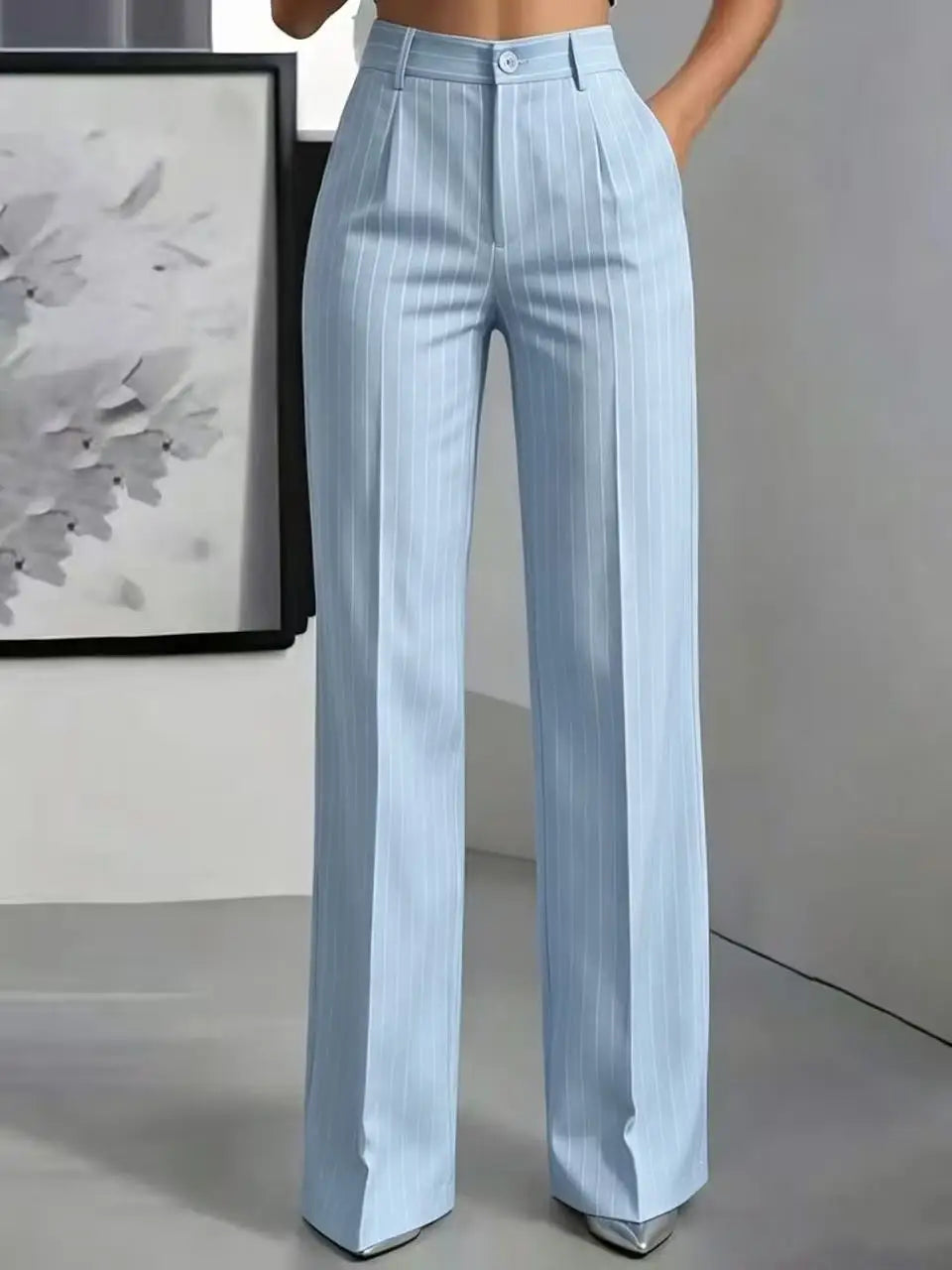 Damen High-Waist Stoffhose mit weitem Bein und Nadelstreifen