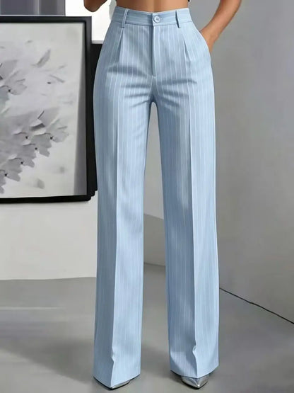 Damen High-Waist Stoffhose mit weitem Bein und Nadelstreifen