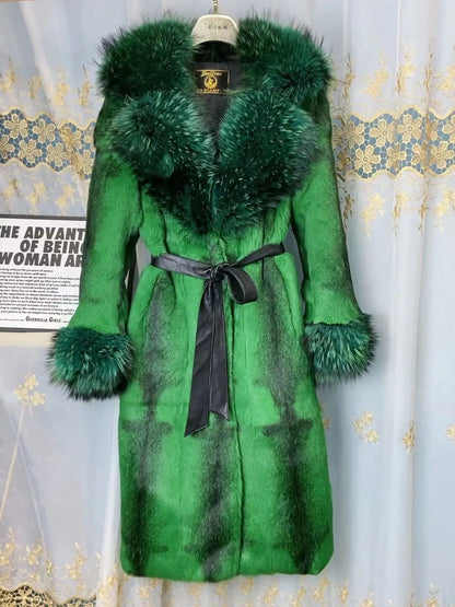 Damen Fell-Look Mantel Türkis mit breitem Kragen und Gürtel