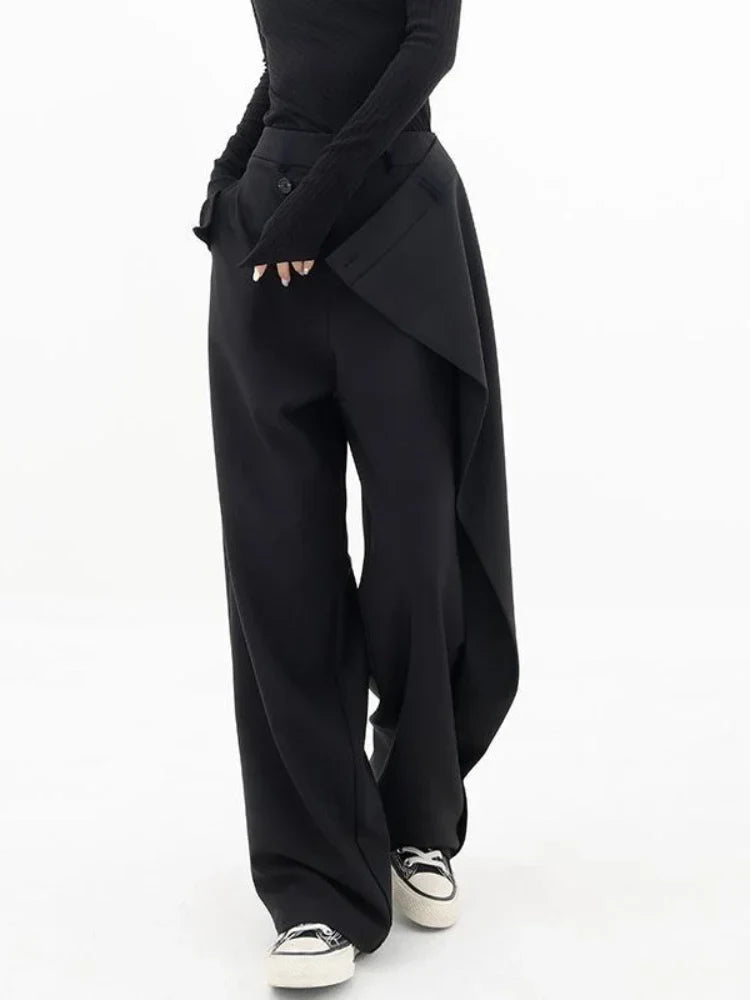 Schwarze Hose mit Wickeldesign, weitem Bein und Knopfverschluss