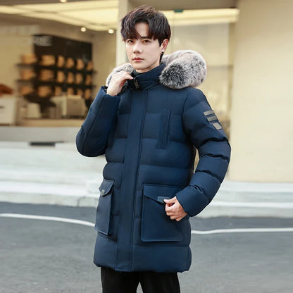 Herren Winterparka mit Kapuze Kunstfellbesatz Steppjacke Lang Warme Outdoormantel
