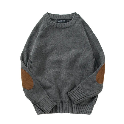 Herren Pullover Rundhals mit Ellbogen-Patches Rippbündchen Strickmuster
