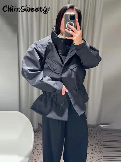 Damen Stehkragen Jacke mit Kordelzug in Schwarz Oversize-Passform