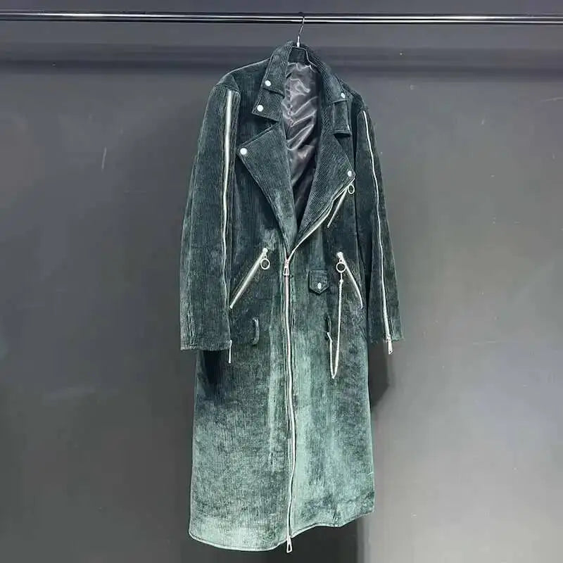Kord Mantel Unisex Lang Biker Stil mit Reißverschlüssen Dunkelgrün