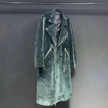 Kord Mantel Unisex Lang Biker Stil mit Reißverschlüssen Dunkelgrün