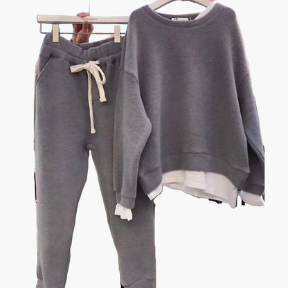 Damen Trainingsanzug Zweiteiler Set mit Fleece gefüttert – Lockerer Pullover und Jogginghose für Freizeit und Alltag