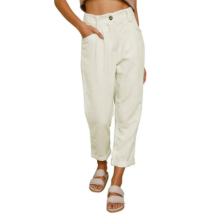 Damen Cordhose Plissee High Waist Cropped-Hose mit Falten