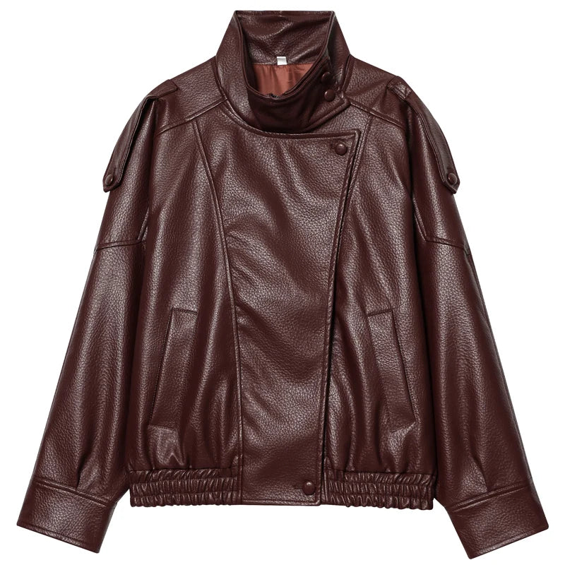 Damen Jacke im Leder-Look mit Stehkragen und asymmetrischem Verschluss