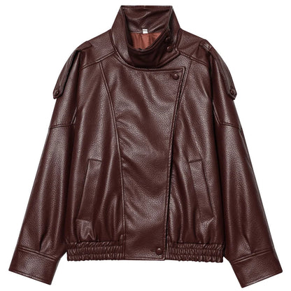 Damen Jacke im Leder-Look mit Stehkragen und asymmetrischem Verschluss