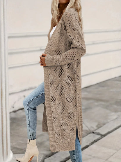 Langer Cardigan Damen Strick Hellbraun Lochmuster