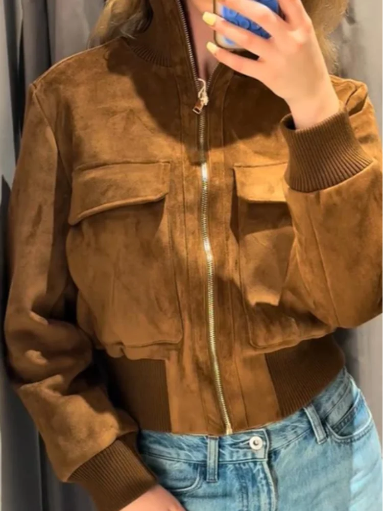 Damen Bomberjacke aus Wildleder-Optik mit Stehkragen und Taschen