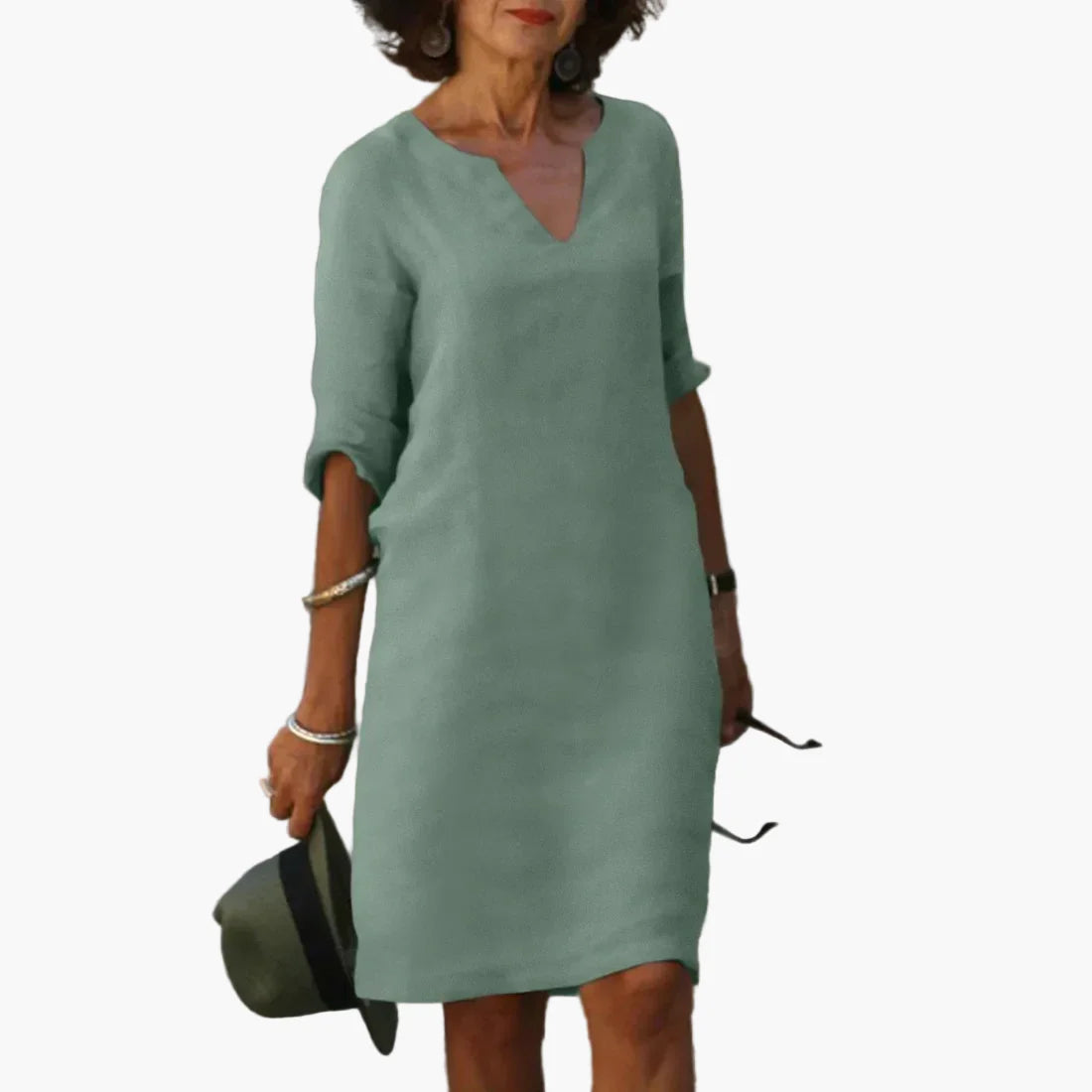 Damen Kleid mit V-Ausschnitt und 3/4-Ärmeln – Eleganter Freizeit- und Büro-Look