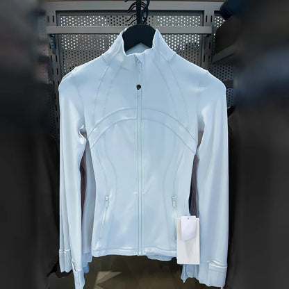 Damen Sportjacke mit Stehkragen, Reißverschluss und Daumenlöchern – Grau