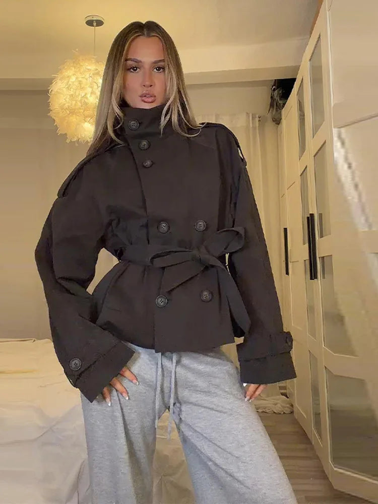 Damen Kurzjacke Trench-Stil Doppelreiher mit Bindegürtel Stehkragen