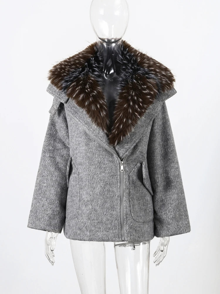 Damen Kurzjacke mit großem Fellkragen Reißverschluss Winter