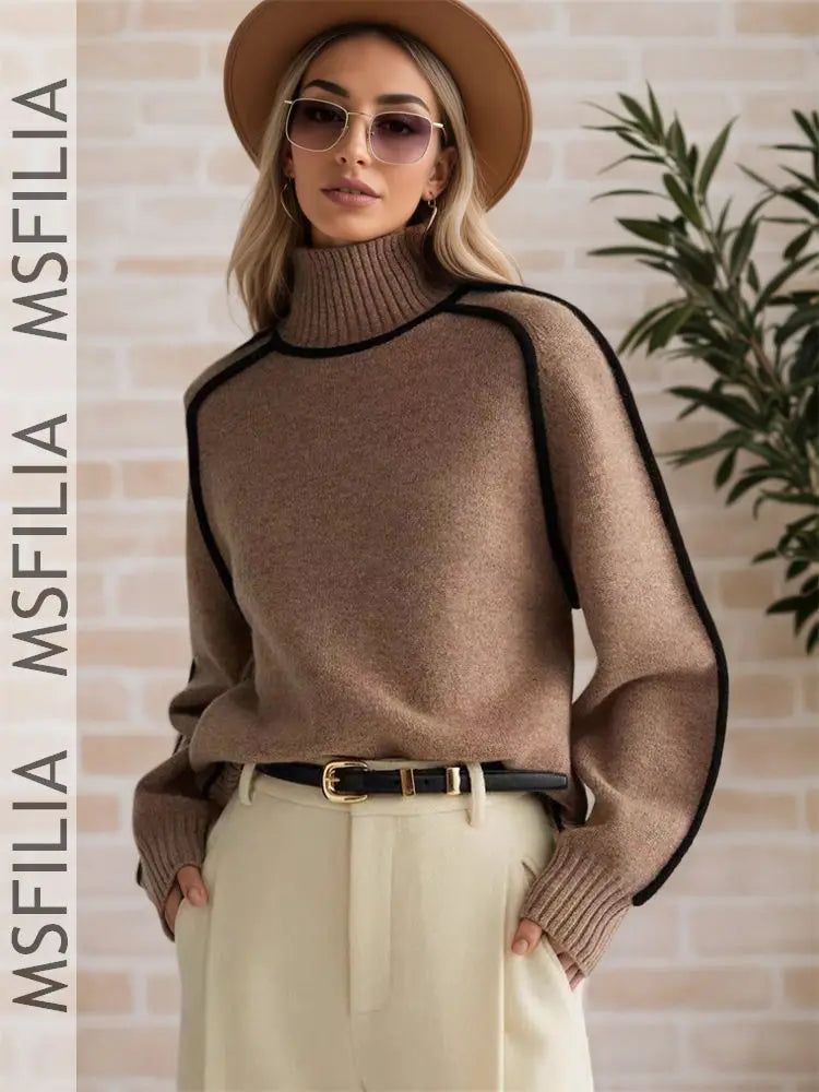 Damen Rollkragenpullover mit Kontrastbesatz