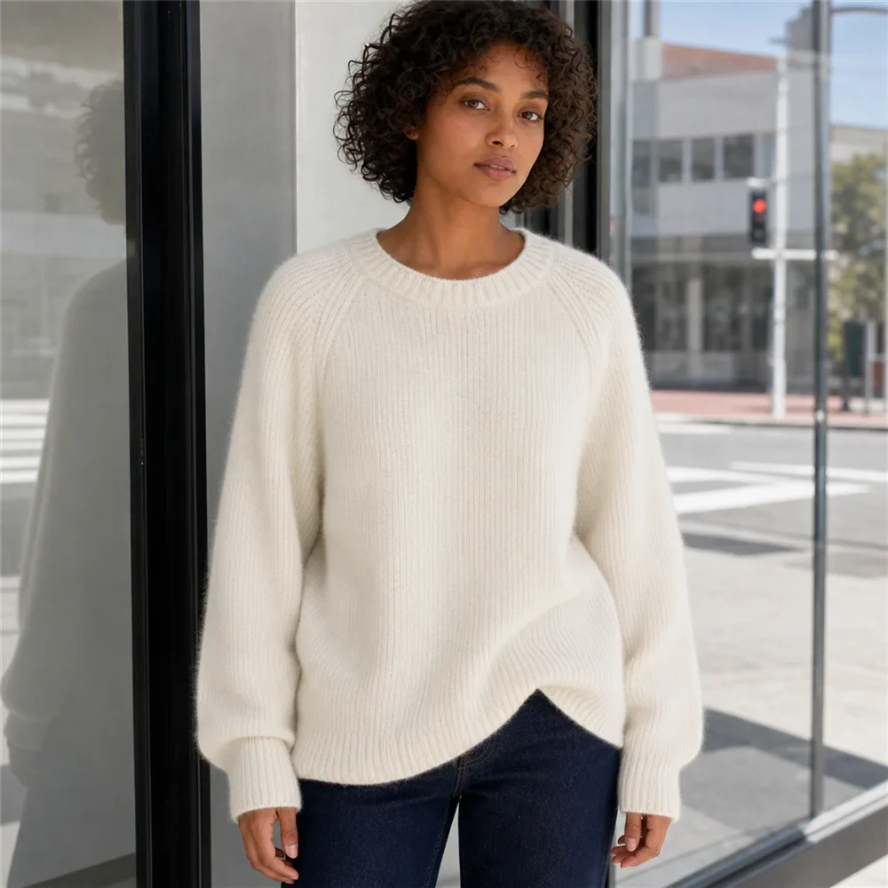 Damen Oversize Rippstrick Pullover Rundhals