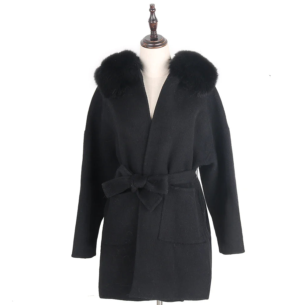 Damen Kurzmantel mit Kapuze und Fellbesatz Bindegürtel & großen Taschen