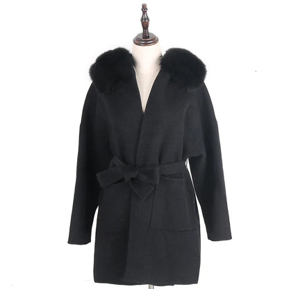 Damen Kurzmantel mit Kapuze und Fellbesatz Bindegürtel & großen Taschen
