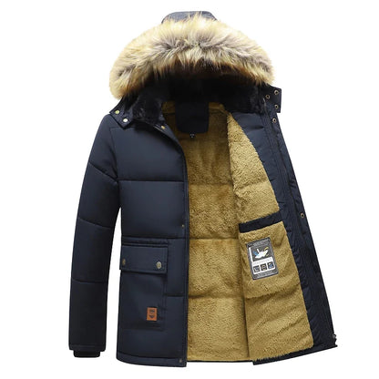 Herren Winterjacke Schwarz gefüttert mit Kapuze und Kunstfellkragen