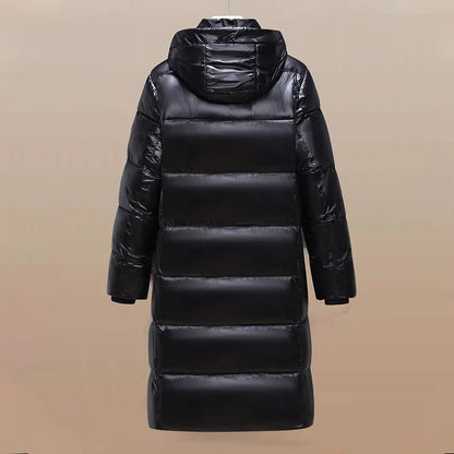 Langer glänzender Steppmantel Damen Schwarz mit Kapuze Winterjacke