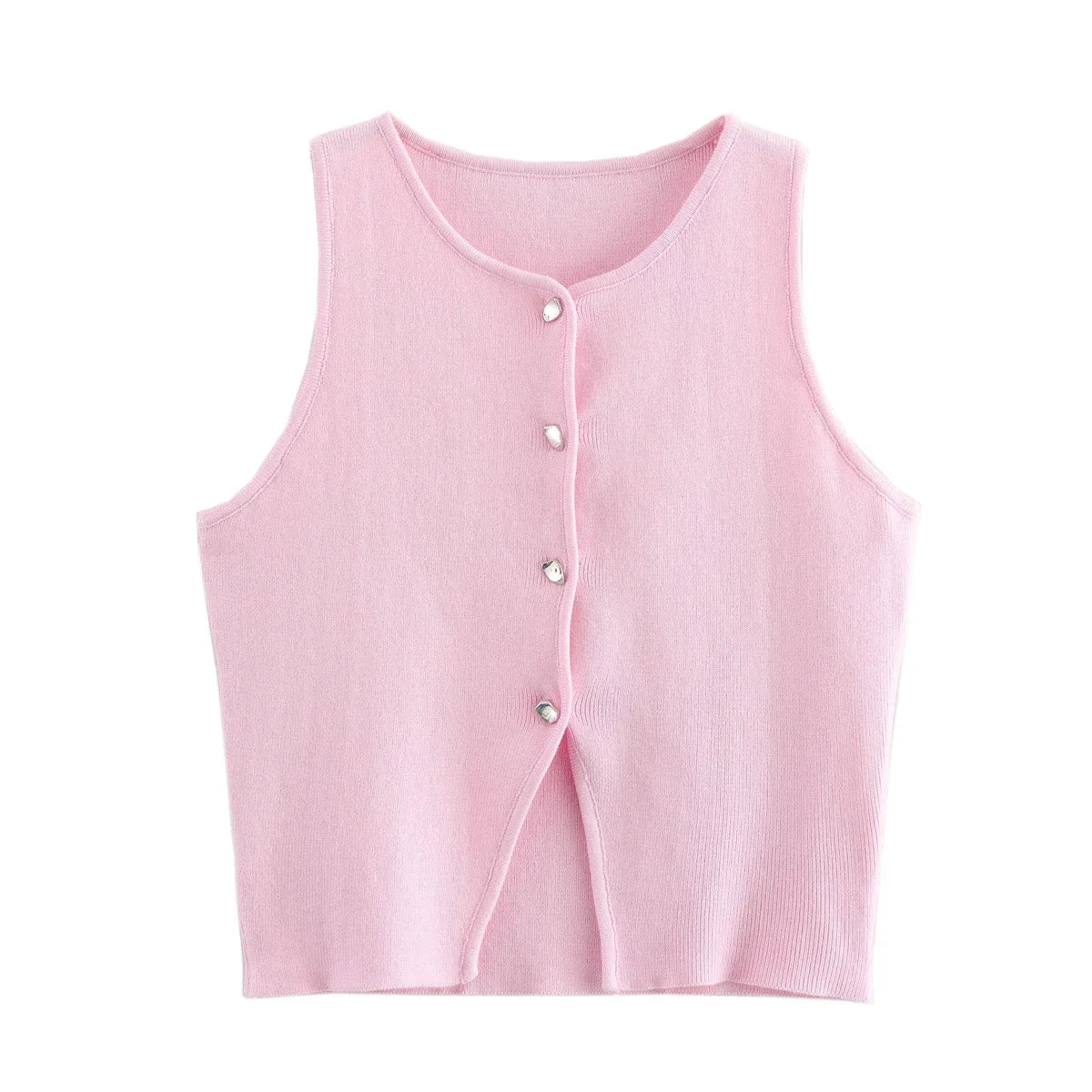 Damen Strick Crop Top Weste mit Knopfleiste Ärmellos Rundhals