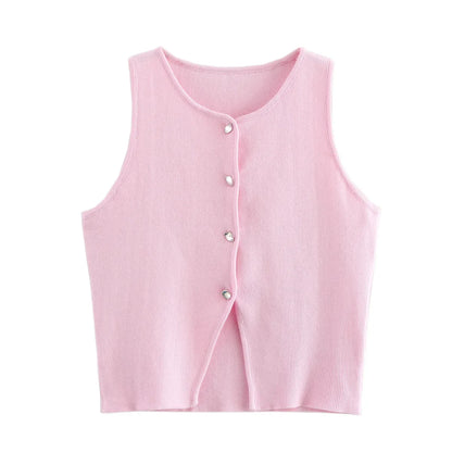 Damen Strick Crop Top Weste mit Knopfleiste Ärmellos Rundhals