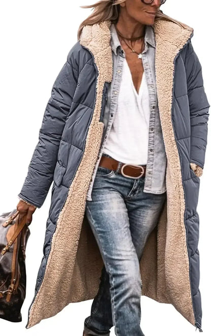 Damen Steppmantel Lang Winter Daunen-Optik mit Teddyfutter Kapuze