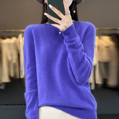 Damen Pullover Rundhals Langarm Strickpullover Weich Unifarben